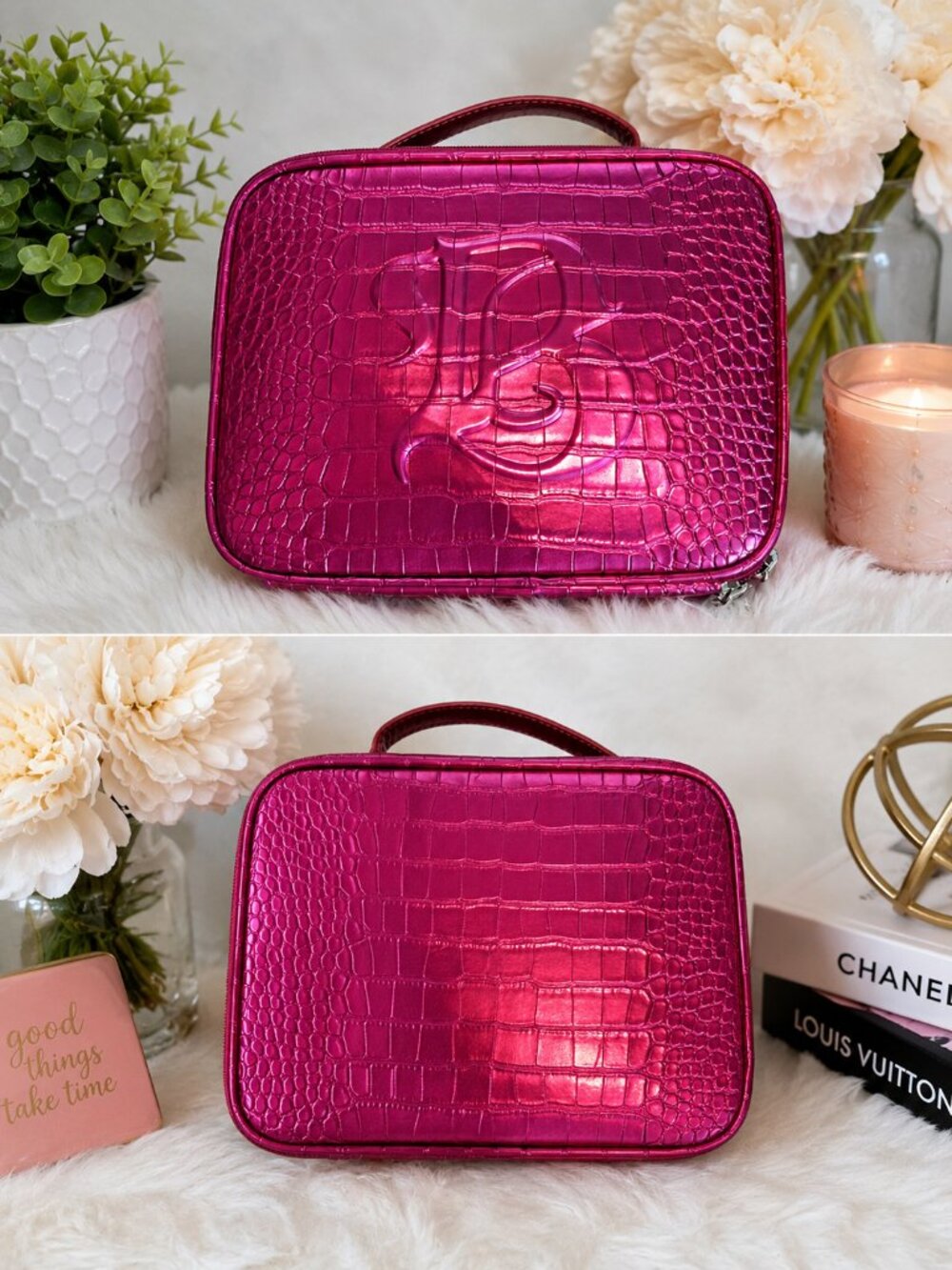 Metallic Pink Croc-Embossed Vanity Case / Cosmetic Train Case Comes with dust Ba